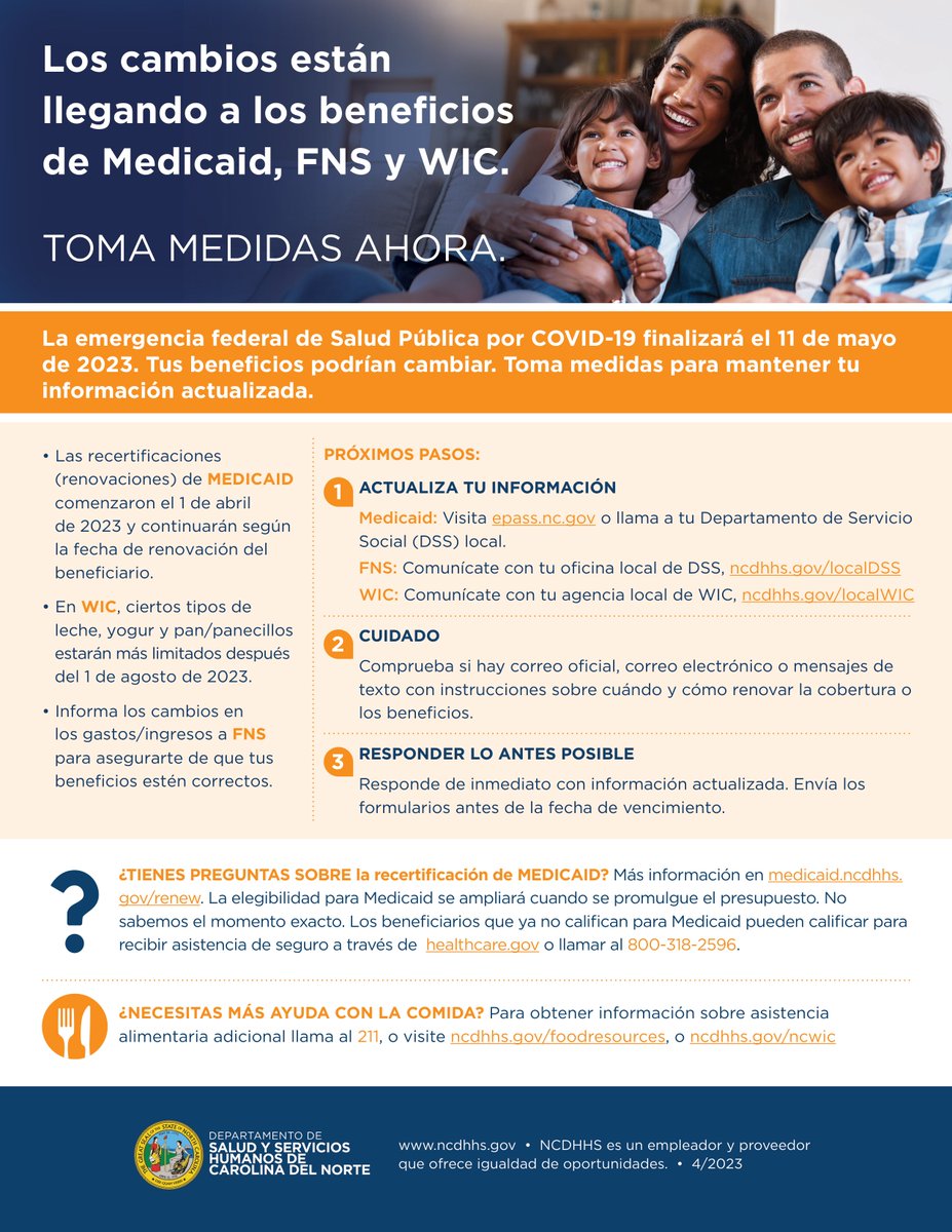 MANNAFoodBank's tweet photo. The federal COVID-19 Public Health Emergency ends on 5/11, &amp; changes are coming to Medicaid, SNAP, &amp; WIC benefits. Refer to this flyer (English + Spanish) to find out what action steps recipients can take &amp; ensure their information is current.

#foodislove #mannawnc #feedingwnc https://t.co/AiXWBzgPe0