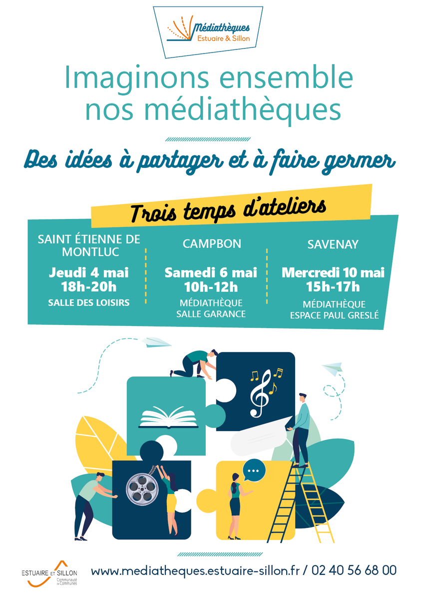 🗨️ Les #médiathèques vous proposent d’échanger et d’imaginer comment elles pourraient évoluer avec 3 temps d’ateliers participatifs.
📅Les 4, 6 et 10 mai à #SaintEtiennedeMontluc #Campbon et #Savenay👉bit.ly/3HgCcTS