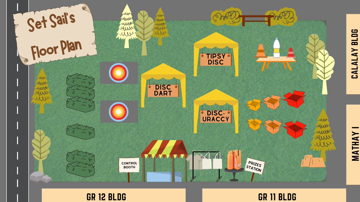 SetSail2023's tweet photo. BON VOYAGE ⛵

The quest finally starts tomorrow! We will be located in the field, and you’ll be sure not to miss us with our extravagant signs. Nail down these landmarks 🏴‍☠️ for you to know the whereabouts of each game mode 🥏. https://t.co/wWw6Vbt4Ry