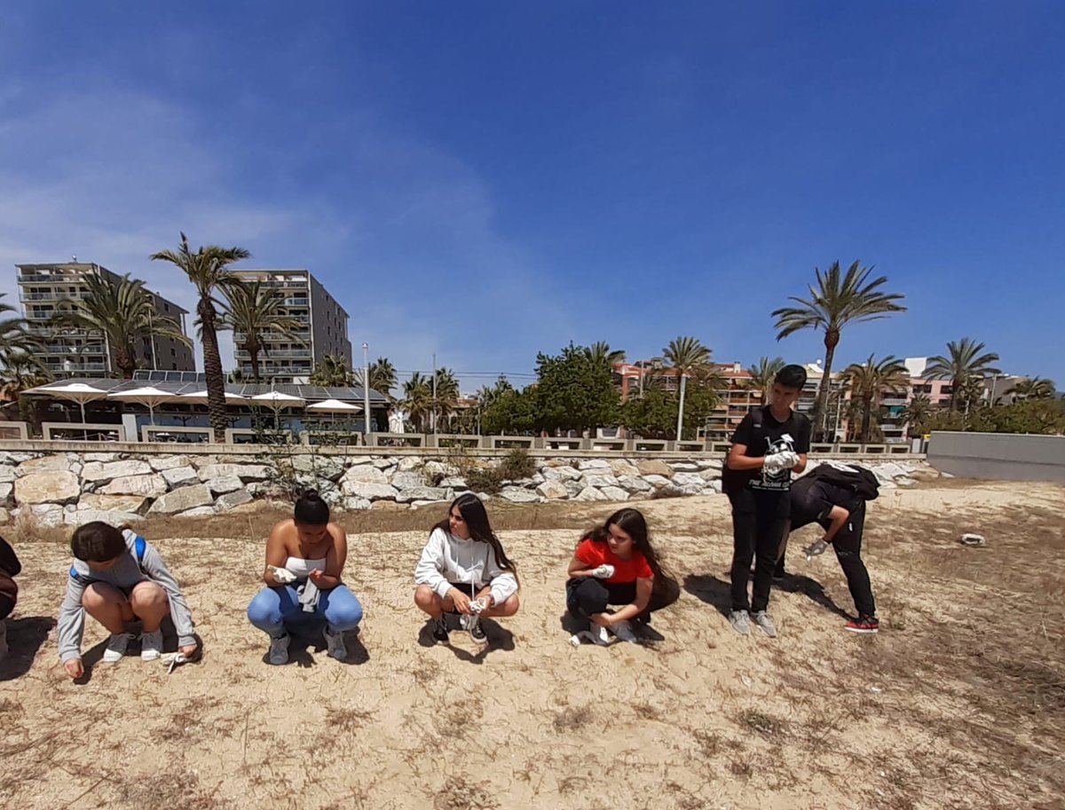 yemax1980's tweet photo. L'alumnat de 1r i 2n d'ESO de l'optativa d'Escola Verda @InsThos fent una acció climàtica, naturalitzen les platges i les dunes. https://t.co/PD1zBZa8Tc