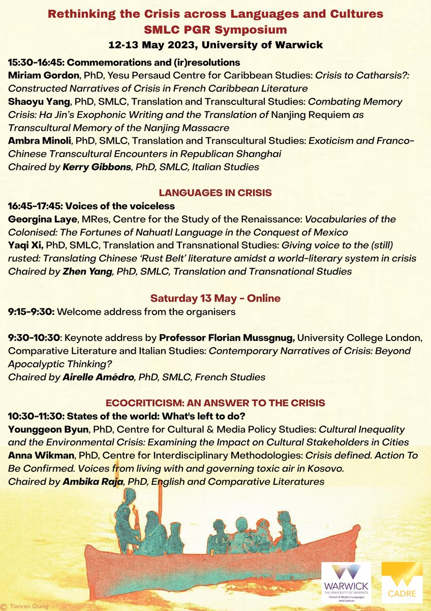 gennambro9's tweet photo. @Airelle_Amdr  and I are thrilled to share with you the programme of this year’s @WarwickSMLC
PGR Symposium “Rethinking the Crisis across Languages and Cultures” taking place on the 12-13 May. Come along online or in person! More info here: https://t.co/iUfT5kPJKf https://t.co/yjp7cGkMVW