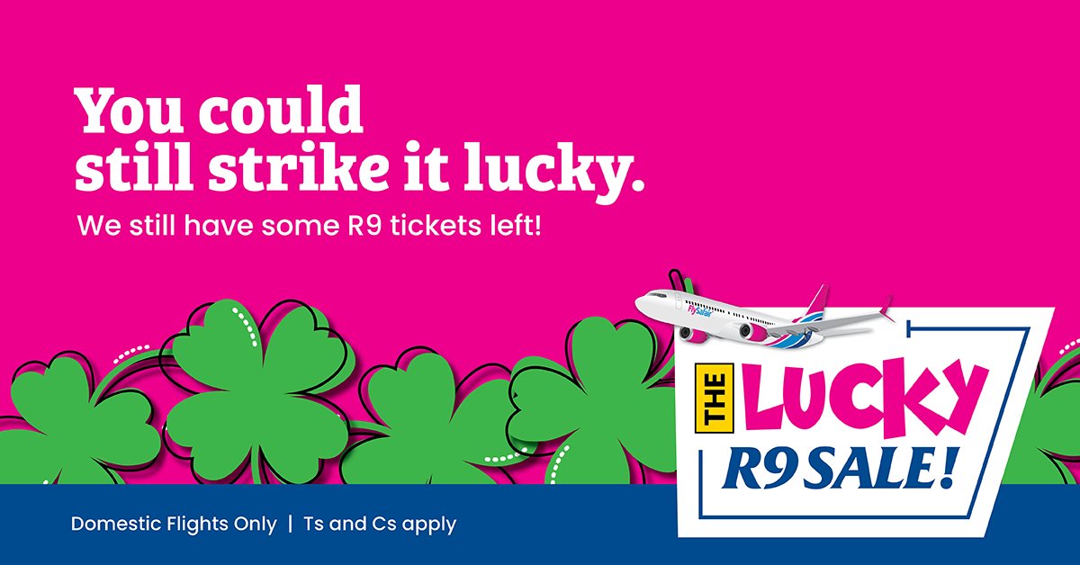 FlySafair's tweet photo. Still dreaming of getting your hands on that elusive R9 flight? Don’t lose hope just yet. Luck can be unpredictable, &amp; you could snatch up our very last few! Join our waiting room now at https://t.co/WHR2Gnrr18

Travel period: today - 30 Nov 23

T's&amp;C's apply 

#FlySafairR9Sale https://t.co/KdCnyibB4u