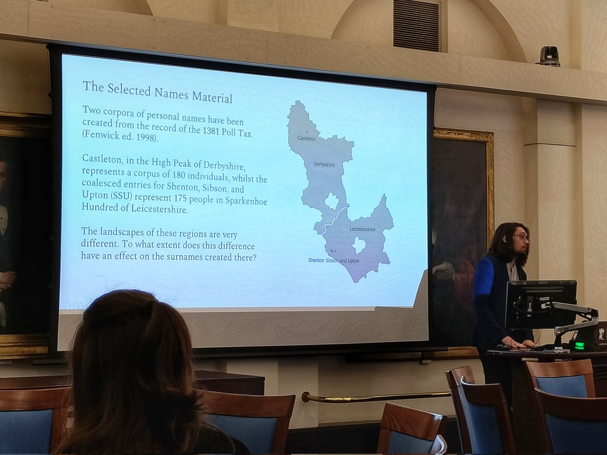 NameStudies's tweet photo. It wouldn't be the #EnglishShowcase without a presentation on names! Ben Marshall @Ben_T_Marshall is presenting part of his dissertation work: 'Landscape and naming: medieval toponymic surnames in two Midlands regions' https://t.co/1eSmDxKMRT