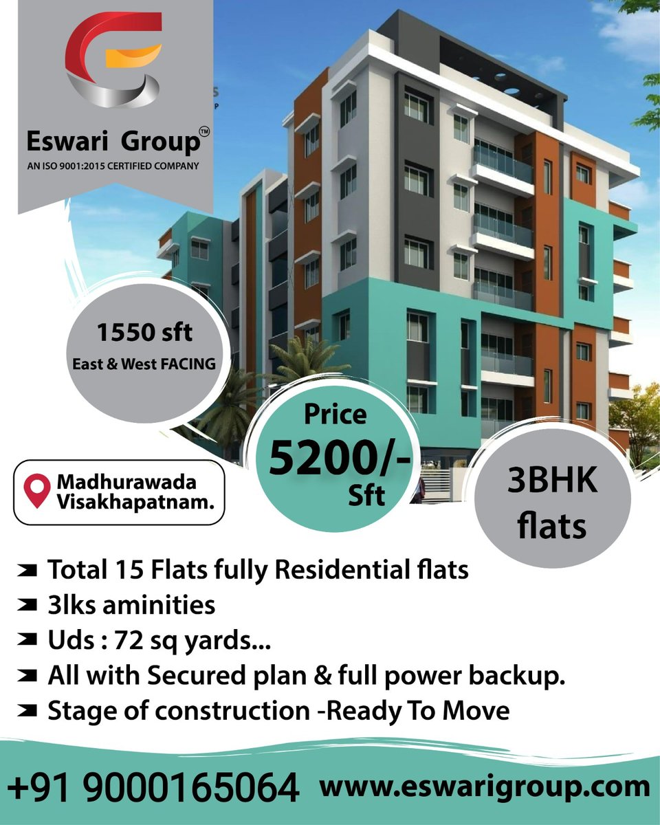 #EswariGroup #EswariHomes #eswariinteriors #3bhkflatsforsale #visakhapatnamrealestate #visakhapatnam #3bhkflats #newsale #bestquality #trendingnews #visakhapatnamnews #100percentvastu #nearbyme #nearschool #NearbyHospitals #BestConstructionCompanyinVizag