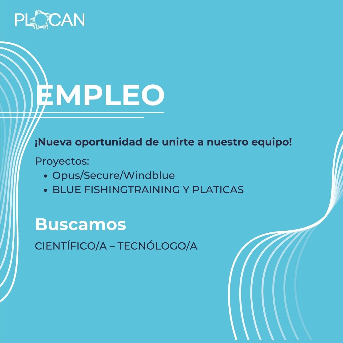 plocan's tweet photo. |EMPLEO 💼|
Científicos y tecnólogos, ¡en #PLOCAN les estamos esperando!
Buscamos personal para los proyectos @BlueFishingT, @OpusEu, @secure_eu y #WindBlue.
Encontrarás toda la información en nuestra página web 👉 https://t.co/nBIShiZsIX
#ICTSNews https://t.co/gqz1eXov3w