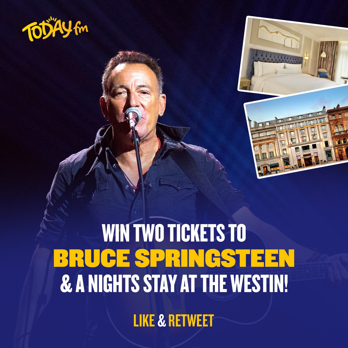 🚨 WIN A VIP BRUCE SPRINGSTEEN EXPERIENCE 🚨 We are giving you the chance to win a pair of tickets to see The Boss on Tuesday 9th May in the RDS AND a nights stay at the five star Westin Hotel 🔥 To be entered you must: 👍 Like 🔁 Retweet 🔔 Follow @TodayFM T&Cs apply. 18+