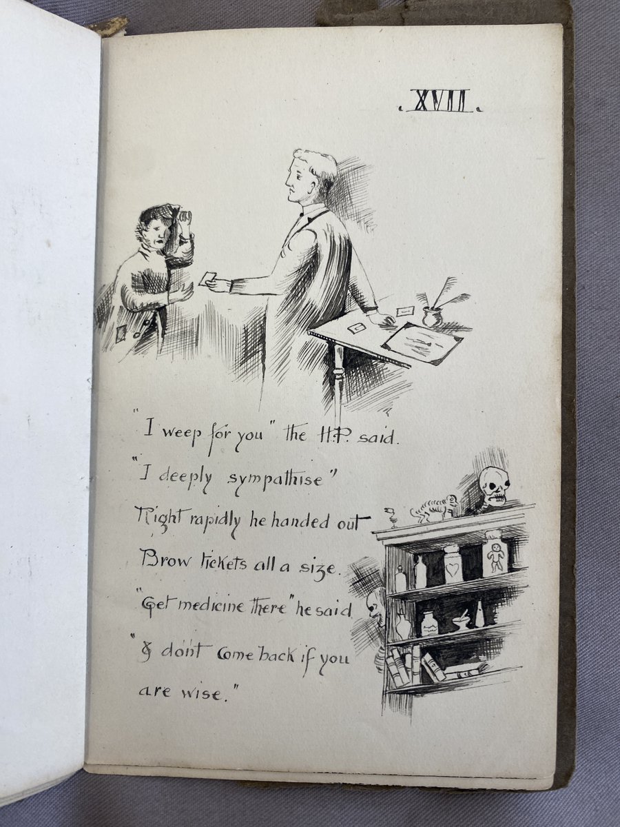 BHAandM's tweet image. This notebook belonged to Barts&apos; nurse Wilmot Cochrane and contains an illustrated ballad dedicated to surgery c.1900

#NotebookDay #HistNursing #Illustration
