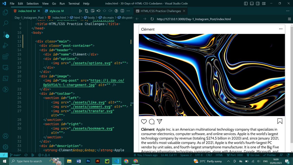 KhawarMehfooz's tweet image. Completed #Day1 of @codedamncom's #30-day HTML/CSS challenge and created an Instagram post container!
Excited to learn and grow my web development skills. #codedamn #htmlcsschallenge #webdevelopment #instagramcontainer