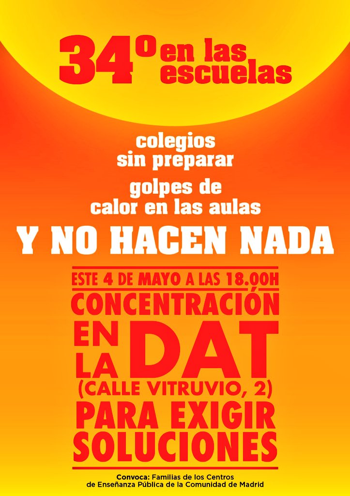 AFA_LopeDeVega's tweet photo. ¡Tenemos la agenda a tope para los próximos tres días!

-Mañana día 4 convocamos a todas las AFAS, personal docente y no docente de la escuela pública madrileña, sindicatos, partidos y sociedad civil, a demandar mejoras en los centros para atajar el calor. No olvidéis vuestra ⛱️ https://t.co/RvbIwiOXGu