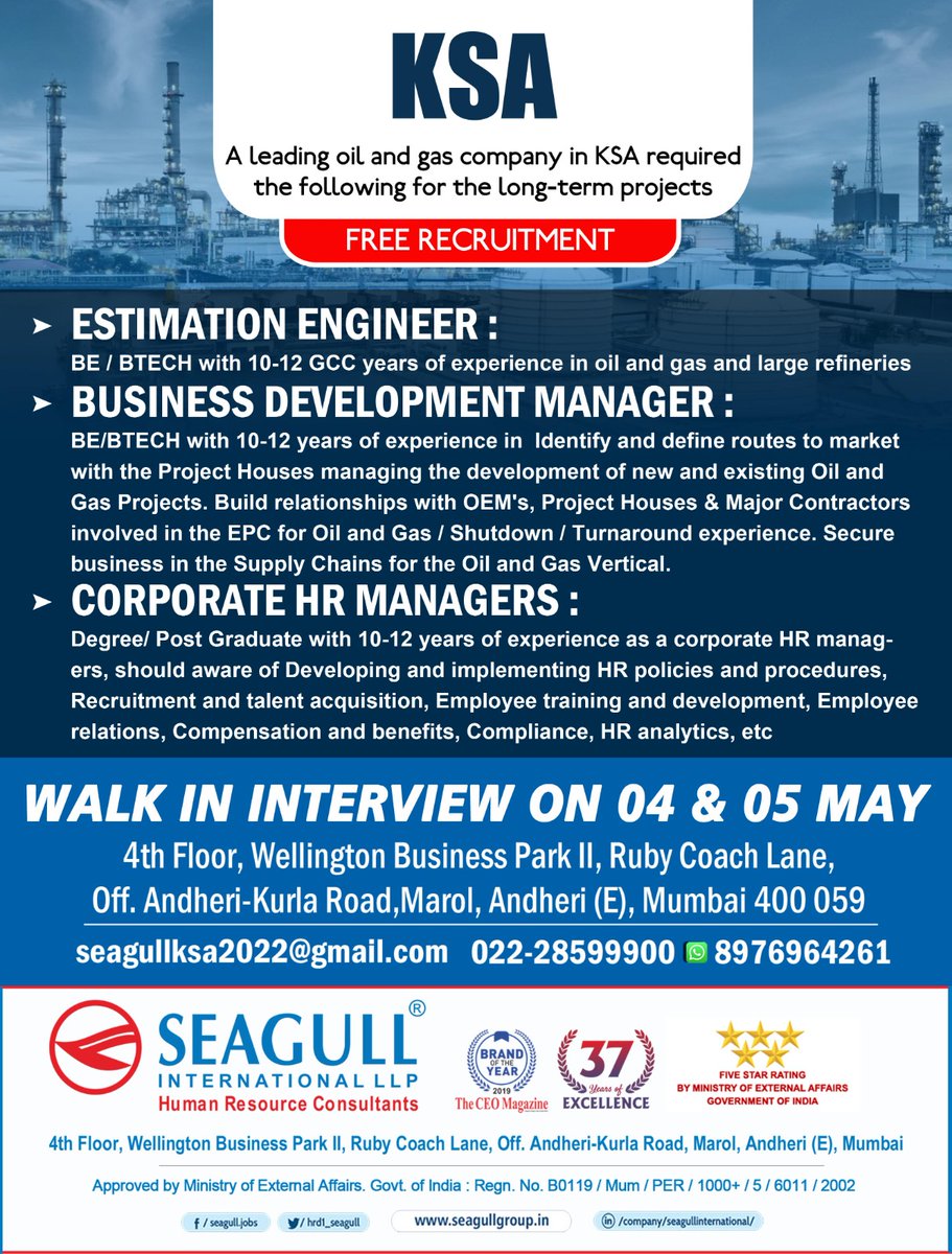 KSA Jobs

LONG TERM PROJECT

WALK IN INTERVIEW ON 04 & 05 MAY 2023

.

.

.

#oilandgasjobs #gulfjobs #saudijobs #gulfjobs #estimationengineer #businessdevelopmentmanager #hrmanager #mumbaijobs