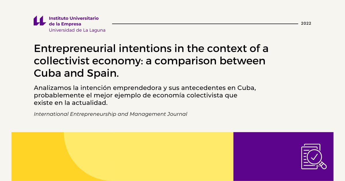 👥Consulta este trabajo llevado a cabo por los investigadores Esperanza Gil, Desiderio Gutiérrez, Inés Ruiz y Francisco García donde se analiza, desde la perspectiva del modelo de evento emprendedor, la intención emprendedora y sus antecedentes en Cuba.
🗞 bit.ly/3Kcx7wR