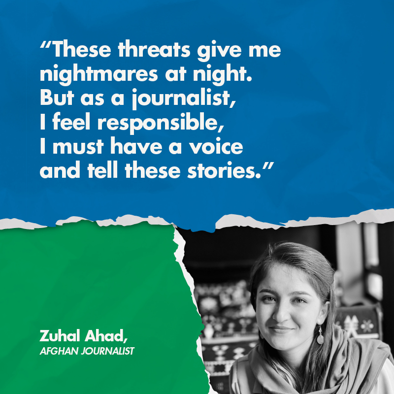 UNHumanRights's tweet photo. Journalists must be able to work in safety w/o fear.
Every threat to a journalist is an attack on #FreedomofExpression.

As a woman journalist in Afghanistan, @AhadZuhal was under threat, she had no choice but to flee.

Read her story:https://t.co/Yh2NjAmdzA
#WorldPressFreedomDay