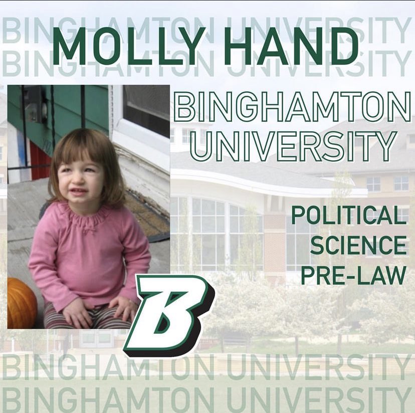 MollyHandWISE's tweet photo. Monday was decision day! I’m so excited to announce my commitment to Binghamton University as a political science pre law student! @YHSMrsMero #WISE https://t.co/IQ7DlEWeFf