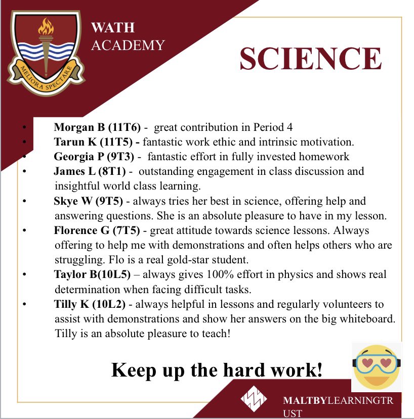 Wath_Science's tweet image. Science Shout Outs!!!! 🌟🌟🌟 #worldclasslearning #integrity #growthmindsetclassroom  @WathAcademy