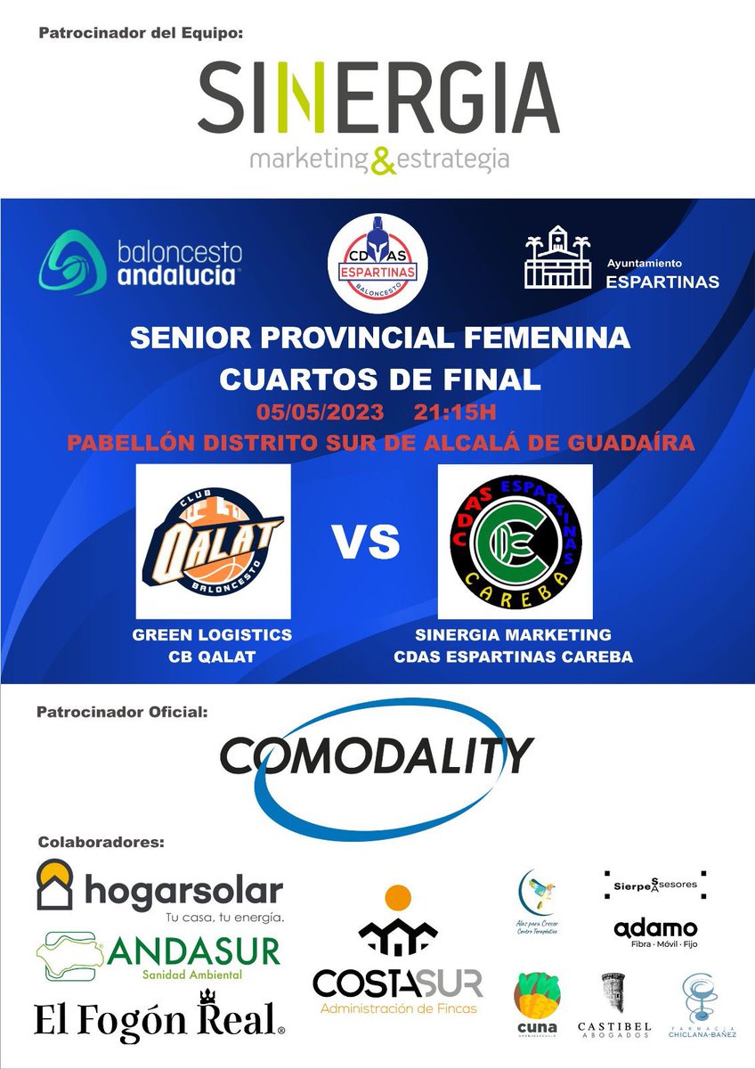 BaloncestoCDAS's tweet photo. ¡Ven a animar! #espartinas
Gracias a nuestros patrocinadores @comodalityspain @sinergiame @elfogonreal @costasurfincas @hogar_solar @centroalasparacrecerpsicologia #castibelabogados #sierpesasesores @adamo_es @farmaciaespartinas @andasurplagas 

#espartinas #cdas #fab #baloncesto https://t.co/mpd1BZvq3y