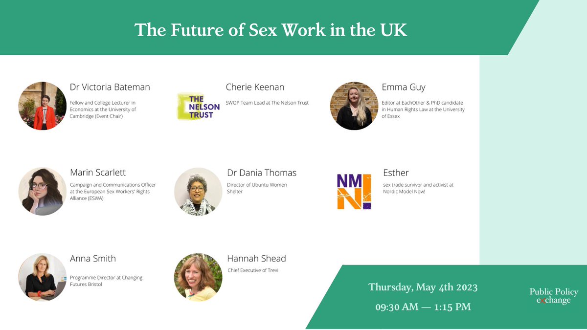 Don't miss tomorrow's #webinar on The Future of Sex Work in the UK 📅Thursday, May 4th 2023 ⏰9:30 AM — 1:15 PM Register here: publicpolicyexchange.co.uk/event.php?even… With: @vnbateman , @marinscarlett_ , Anna Smith, Cherie Keenan, Dr Dania Thomas, Hannah Shead, @EmmaEGuy and Esther