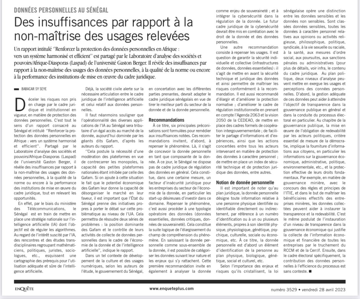 Dans sa parution de ce vendredi 28 Avril 2023, le journal @enquete_plus parle des 'Données personnelles au Sénégal: Des insuffisances par rapport à la non maîtrise des usages relevés'. 
#ProDpAfrica #Laspad #GlobalAfrica