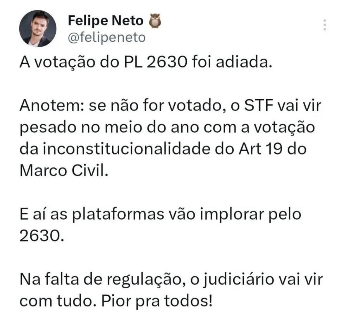 O @felipeneto é quem está alegando: o STF está governando o país, criando e revogando leis no lugar do Legislativo; o Tribunal age em parceria com o Executivo, que está implorando ao Legislativo pra fazer a vontade do Judiciário e aprovar a PL 2630 e tantas outras que virão.