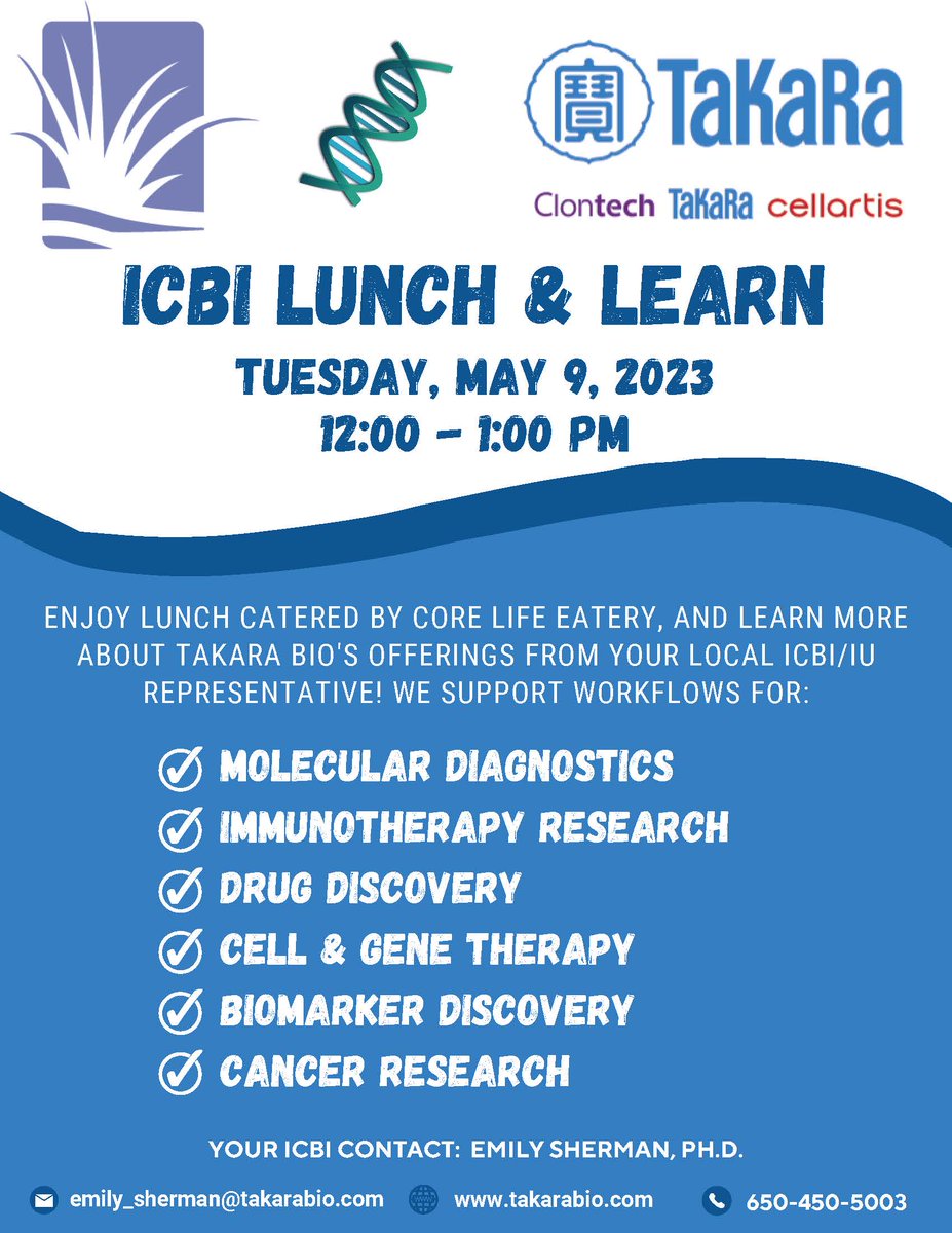 Lunch & Learn at the ICBI with @TakaraBioUSA on Tuesday, May 9th!

Interested? RSVP at infoicbi@iu.edu or Emily Sherman.

#moleculardiagnostics
#immunotherapy
#drugdiscovery
#cellandgenetherapy
#cancerresearch
#biomarkers
#innovation