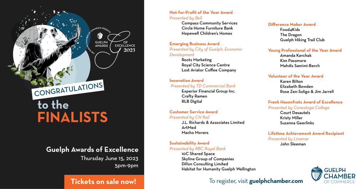 GuelphChamber's tweet photo. 👏Congratulations to our finalists!👏
We’re so excited for our #GuelphAwardsofExcellence coming up on June 15 - where we’ll be celebrating some of the fantastic businesses & leaders in our community.
Reserve your spot today to cheer on our 2023 finalists:
https://t.co/64ZVnRajtt https://t.co/MIxfq8eW12