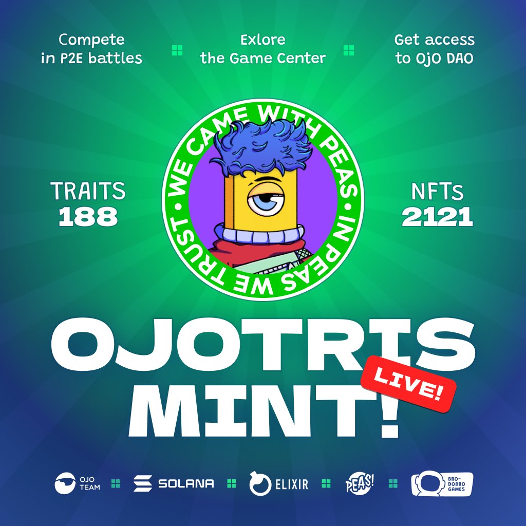 🎉Giveaway🎉

Innovating gaming through simple P2E mechanics.🌱

Mint is LIVE: launch.elixirnft.io/mint/ojotris🚀

Prize: 
🏆 2x OjOtris NFT
🏆 1 $SOL

To enter: 
1. Follow @ojotris
2. RT +❤️
3. Tag 2 frens 

🎯Bonus: discord.gg/ojotris

#Solana #NFTGiveaways #OJO