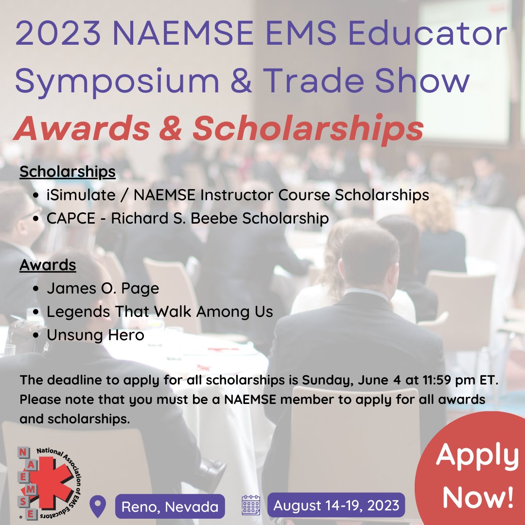 📢 Great news! 📢 The awards and scholarship applications for the 2023 NAEMSE EMS Educator Symposium and Trade Show are now open! Don't let this opportunity pass you by. Visit our website to read more about what recipients will receive and apply today: naemse.org/page/2023Sympo…