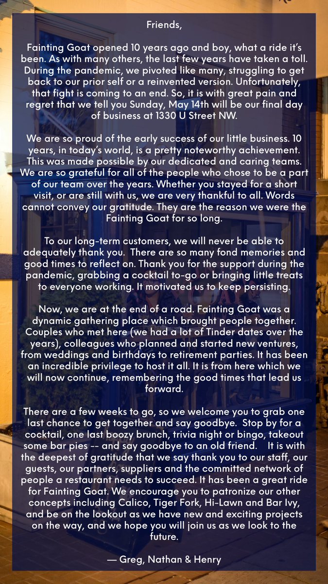 Friends,

Sadly, the news is true. 💔 After 10 years on U Street, our last day will be May 14. Here’s a letter from our owners (and more details from <a href="/washingtonian/">Washingtonian 🌸</a> - linked below). Please come say one last farewell before 5/14!

— Greg, Nathan &amp; Henry 🐐

washingtonian.com/2023/05/03/u-s…