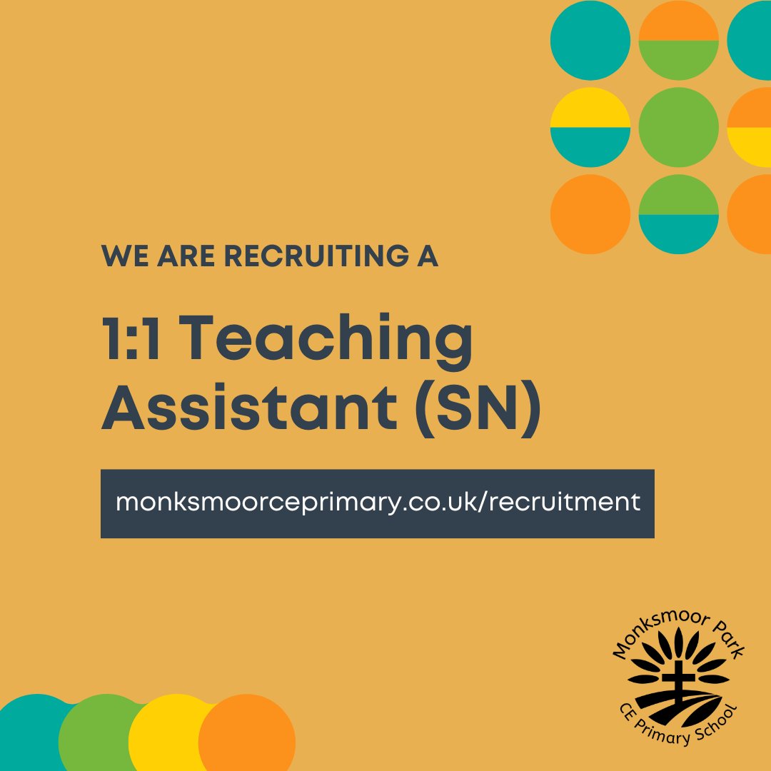 We are recruiting for a 1:1 Teaching Assistant (SN), please see our website for more information: monksmoorceprimary.co.uk/recruitment
#Daventry #Northants #schooljob #vacancy #NorthantsJobs #senteachingassistant