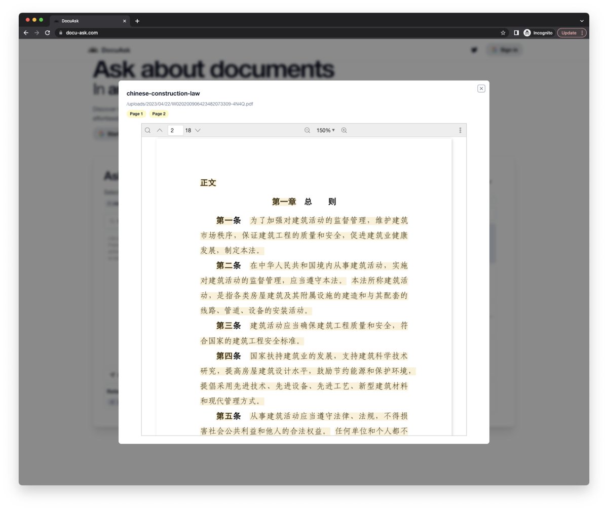 DocuAsk's tweet image. We&apos;ve just released our most requested feature -- PDF rendering of your referenced documents. Try it out on docu-ask.com!

@LangChainAI @OpenAI @pinecone
