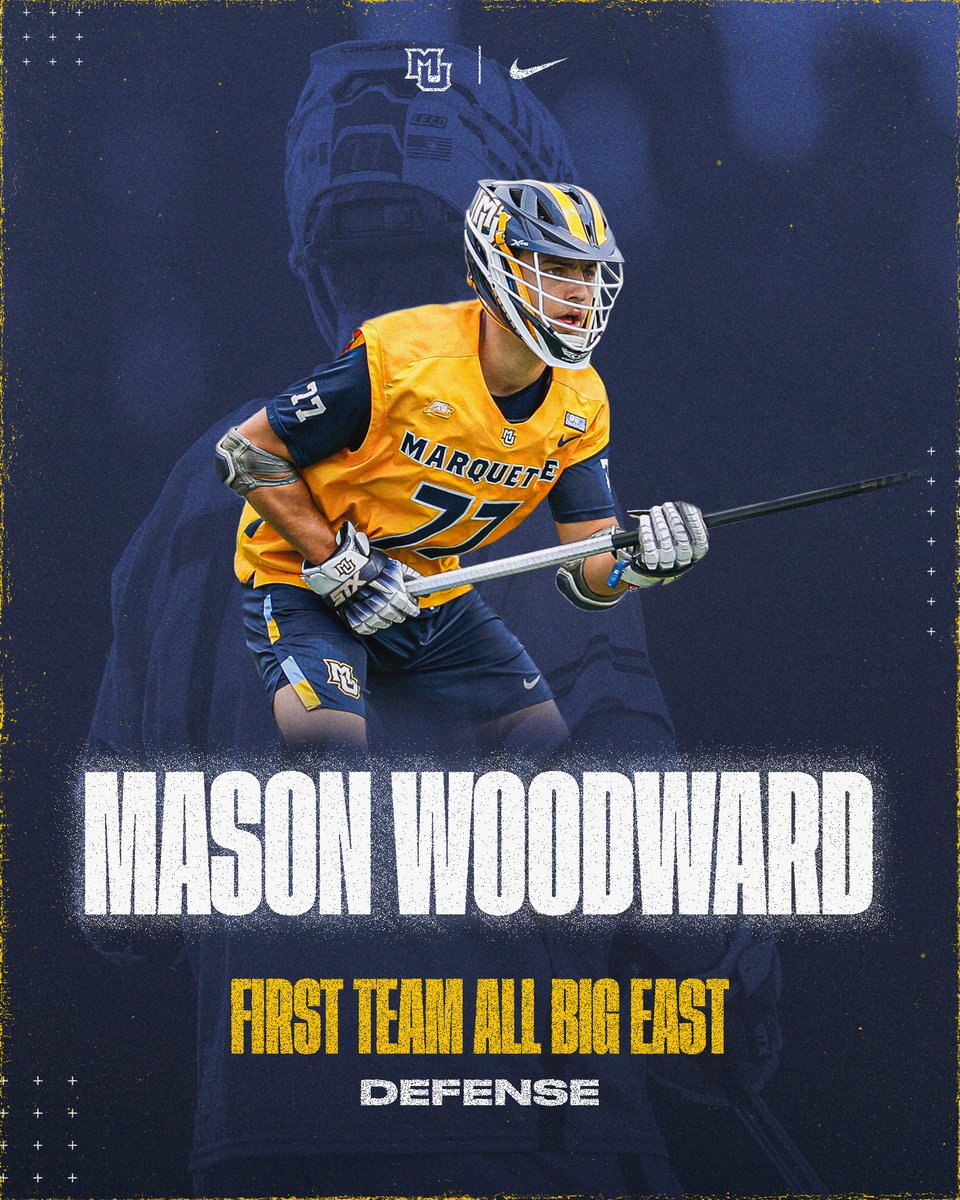 MarquetteMLax's tweet photo. Mason Woodward is a unanimous All-@BIGEAST First Team selection after leading @NCAALAX in ground balls among defensemen. He's a two-time All-American and second in MU history in both GB and CT. #WeAreMarquette 

MORE INFO 🔗
https://t.co/uUY9K5OH3k https://t.co/Gpol8pQQA6