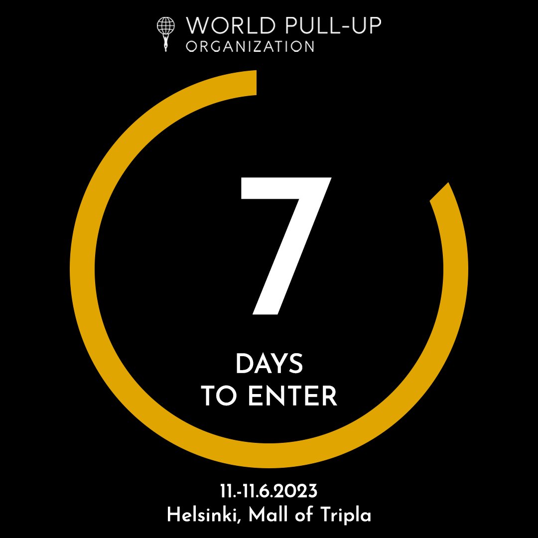 WorldPullUp's tweet photo. Only 7 days to enter on world pull-up championships 2023!

To enter, you must have anti-doping agreement!

Read more info and sign-in on race 
https://t.co/KLflrFpM2t

#worldpullup #weightedpullup #crossfit #championships https://t.co/7xJYQwjZcH