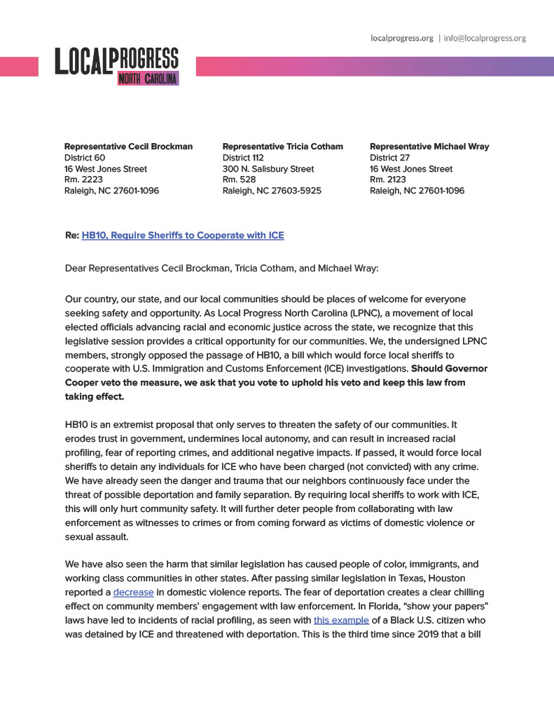 LocalProgress's tweet photo. Our cities, our states, and our country should be places of welcome for everyone.
That’s why 26 LPNC members signed on to this letter urging @CecilBrockman, @triciacotham, and @RepWray to uphold a veto from Governor Roy on HB10.
📝 https://t.co/8IuMCD9S1B https://t.co/CqZnCpZcMi