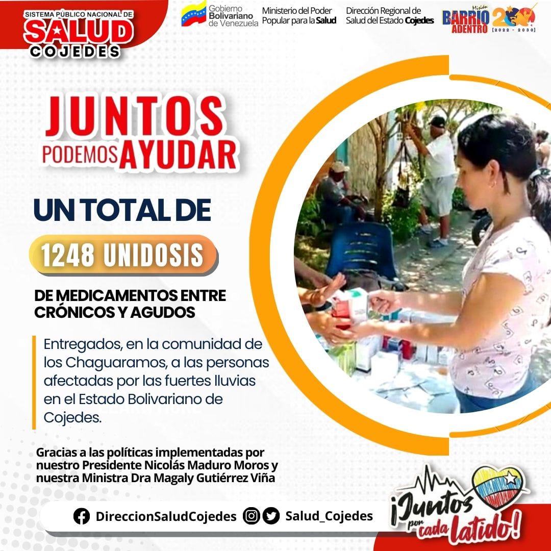 MinSaludVE's tweet photo. #EnFotos📸| En el estado Cojedes realizamos la entrega de medicamentos Crónicas y Agudos, brindando atención oportuna, gratuita y de calidad a nuestro pueblo
#JuntosPorCadaLatido
#MaduroEsPueblo 
@NicolasMaduro @Gabrielasjr @MagaGutierrezV https://t.co/vynNsw8hLu