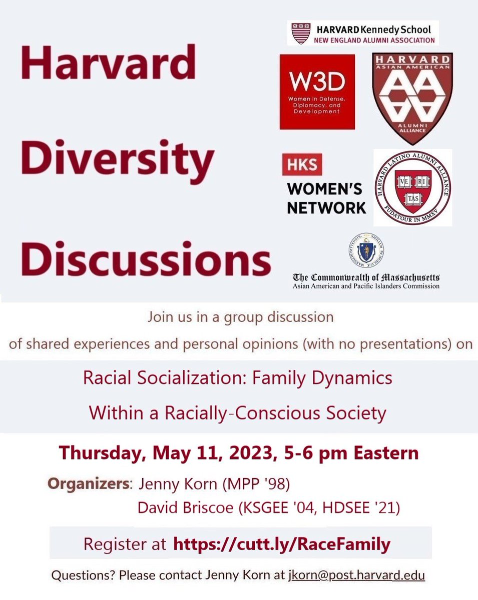 Join us in a group discussion of shared experiences and personal opinions (with no presentations or breakouts) on "Racial Socialization: Family Dynamics Within a Racially-Conscious Society." 

Date: Thursday, May 11 at 5-6 PM Eastern. Register: us02web.zoom.us/meeting/regist…