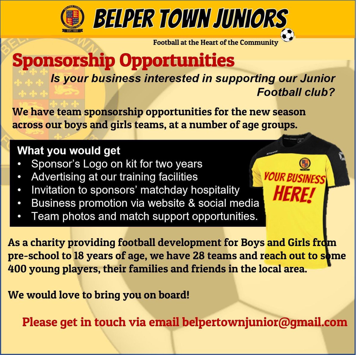 Belper Town Juniors has exciting opportunities for sponsorship partners. 
We would love to hear from local business who would like to join us on our journey! 
<a href="/BelperTownFC/">𝗕𝗲𝗹𝗽𝗲𝗿 𝗧𝗼𝘄𝗻 | 𝟣𝟪𝟪𝟥</a> <a href="/BelperTownLFC/">𝐁𝐞𝐥𝐩𝐞𝐫 𝐓𝐨𝐰𝐧 𝐋𝐚𝐝𝐢𝐞𝐬</a> <a href="/BelperTownJnrs/">BelperTownJuniorsFC</a>