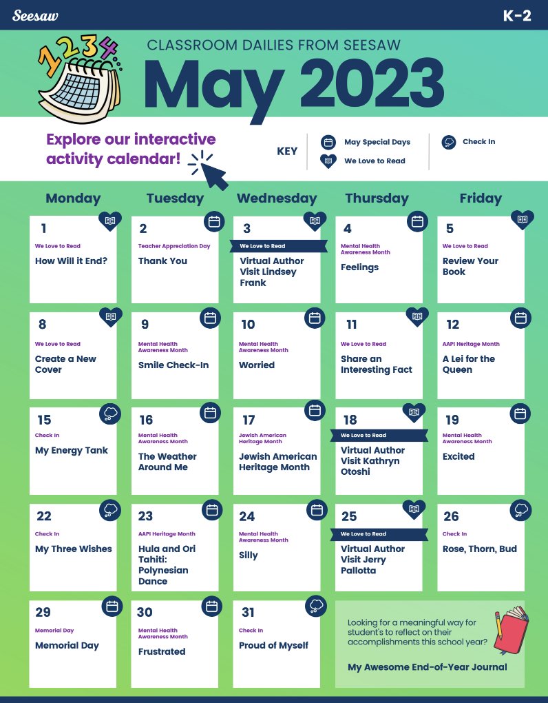 It's MAY which means new Classroom Dailies! 💙

Grab K-2 ➡️ bit.seesaw.me/42lC2mB
and 3-5 ➡️ bit.seesaw.me/40Z0SaL

#lessonplans #dailylessons #seesaw #seesawlearning