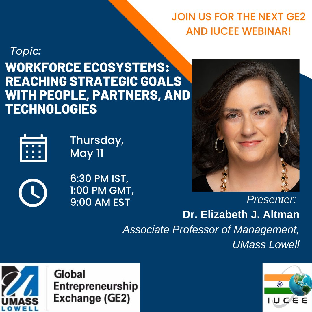 uml_ge2's tweet image. Register for GE2 &amp;amp; IUCEE&apos;s next FREE webinar of 2023!

Prof. Altman will also provide an overview of her book: Workforce Ecosystems: Reaching Strategic Goals with People, Partners, and Technologies (MIT Press). [mitpress.mit.edu/9780262047777/]
Register here:
zoom.us/meeting/regist…