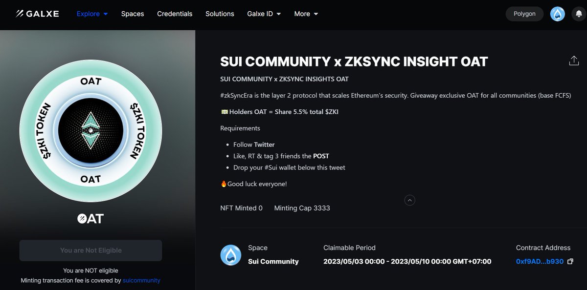 SUI COMMUNITY x @zk_insights OAT😍

#zkSyncEra is the layer 2 protocol that scales Ethereum’s security. Giveaway exclusive OAT for all communities (Limited - FCFS)

📌FREE OAT
galxe.com/suicommunity/c…

💵Holders OAT = Share 5.5% total $ZKI

Drop your #Sui wallet

$SUI #zkSync #OAT