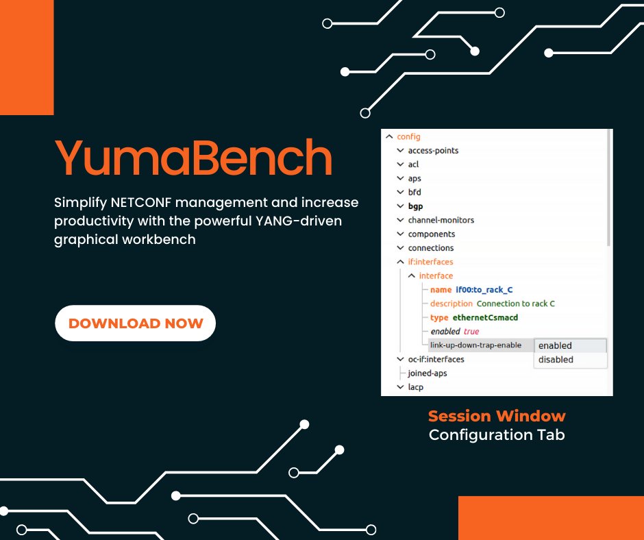 YumaWorks's tweet photo. Transform the way you manage your network with YumaBench's intuitive graphical interface, your team will thank you! Visit the link: https://t.co/l6Kk4c6N8S
#YumaWorks #NETCONF https://t.co/Ur0y9l9Ju4