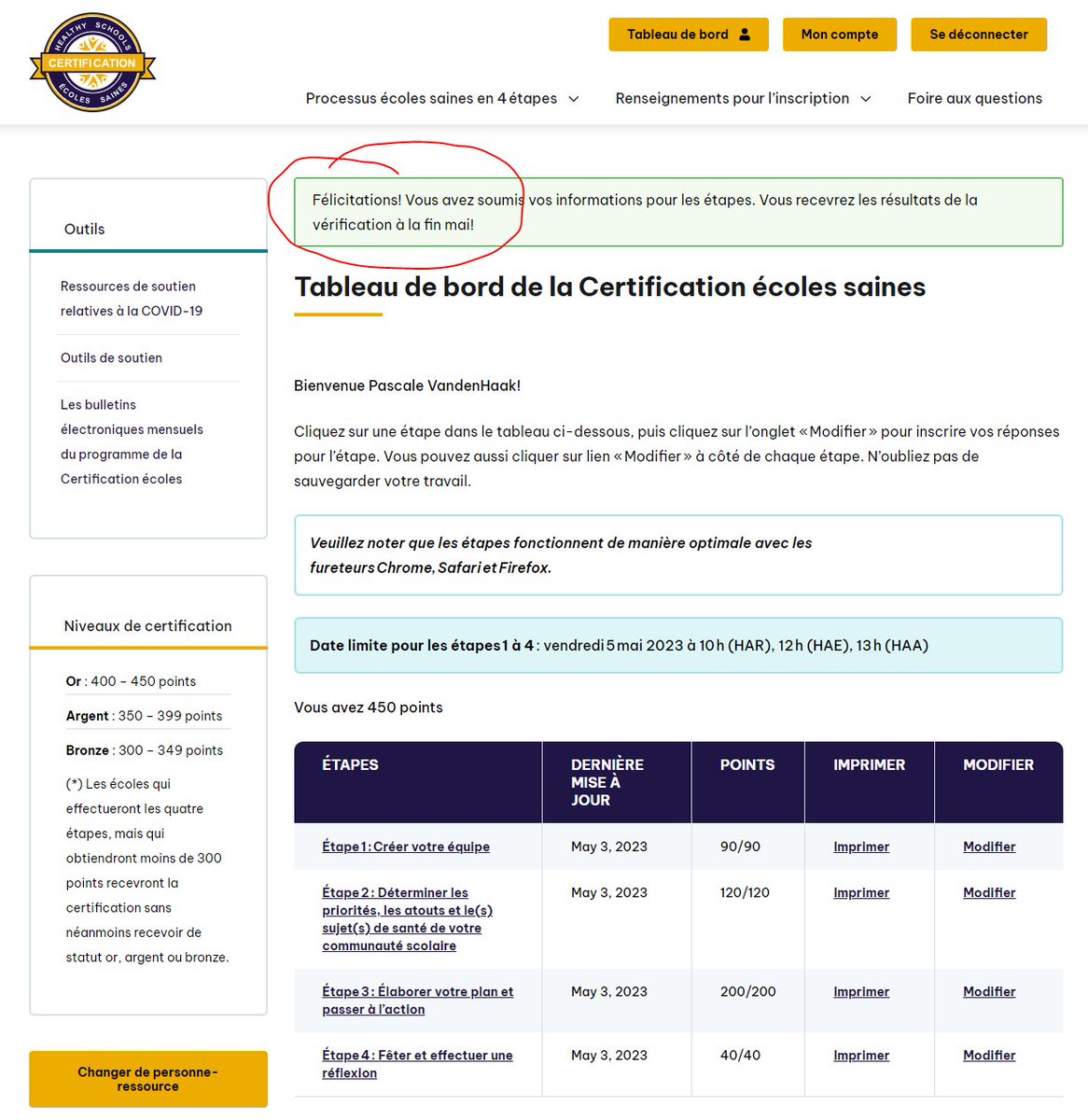 Wouhou!! 🎉
L'équipe école saine <a href="/EcoleNOHO/">École Nouvel Horizon</a> sera bientôt certifiée une 6e fois!  Merci à l'appui  des nombreux élèves, membres du personnel, parents &amp; partenaires communautaires, dont Mme Ashley du bureau de santé! <a href="/NRPublicHealth/">Niagara Region Public Health</a> 
<a href="/opheacanada/">Ophea</a> 
#CertifES #NiaragaraHealthySchools