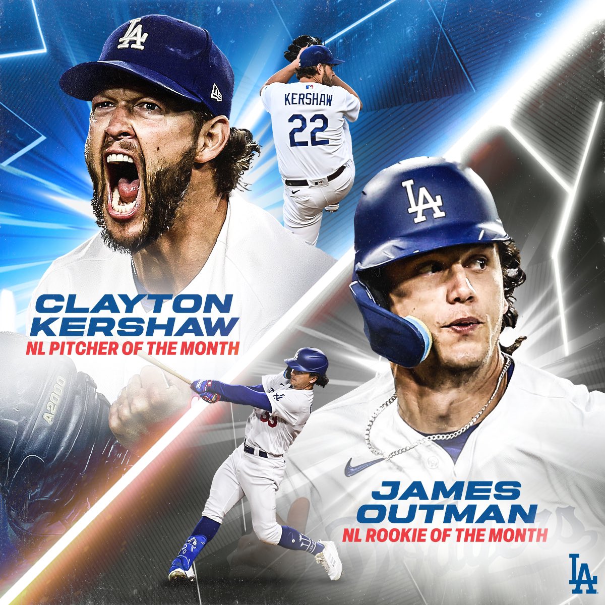 Dodgers's tweet photo. The rookie and the vet.

Congratulations Clayton and James on being named the NL Pitcher and NL Rookie of the Month! https://t.co/Ef4KSiRTWW
