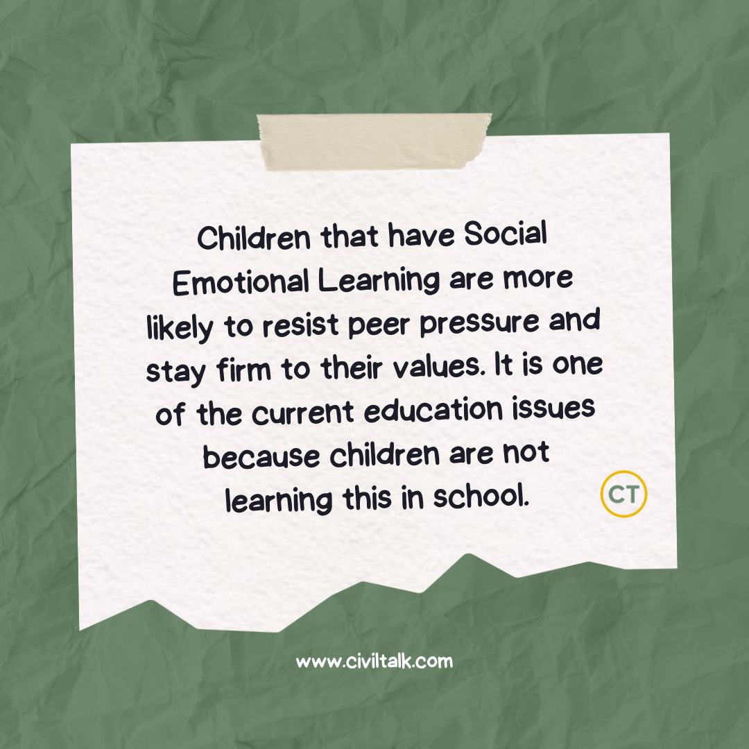 CivilTalkapp's tweet photo. Did you know that children can benefit from having Social Emotional Learning integrated into school systems to combat peer pressure? #socialemotionallearning #parentresources #emotionalintelligence #teacherresources https://t.co/t4ngJ7U5xi