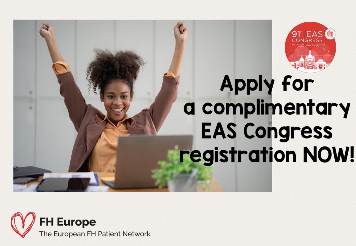 Hey FH Europe Network of patient orgs! 

Here’s a unique opportunity to join the most important scientific event of the year #EAS2023. eas-congress.com/2023/

Contact emma@fheurope.org before May 15. #FH #HoFH #FCS #lipoproteina

Made possible thanks to an EAS educational grant.