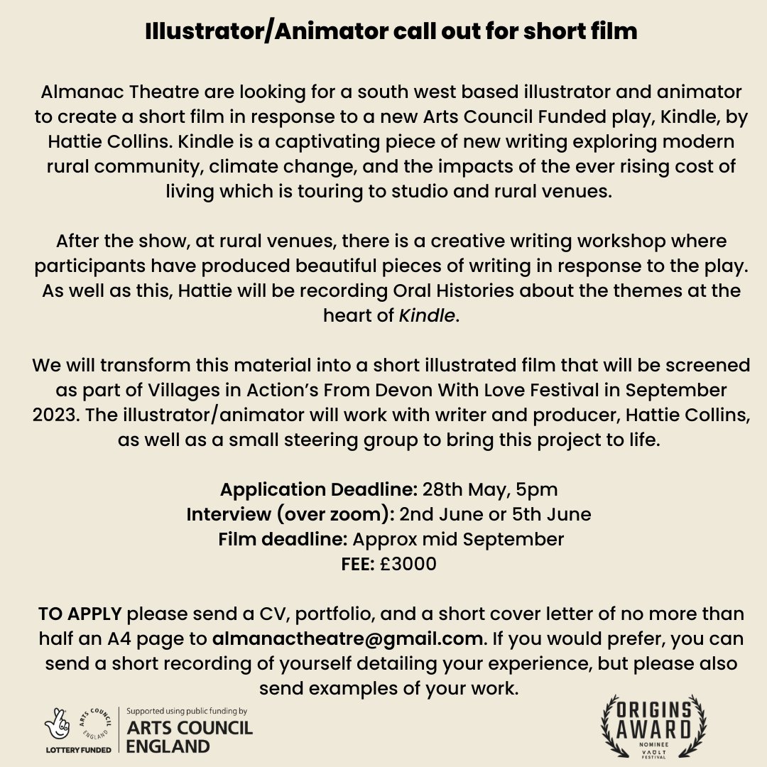 CALL OUT 📽️✍️ We're looking for an exciting SOUTH WEST BASED Illustrator/Animator to create a short illustrated film, inspired by the themes of Kindle! Fee £3000, deadline 28 May Read the whole brief here: almanactheatre.co.uk/call-outs Supported by @ace_national @ace_southwest
