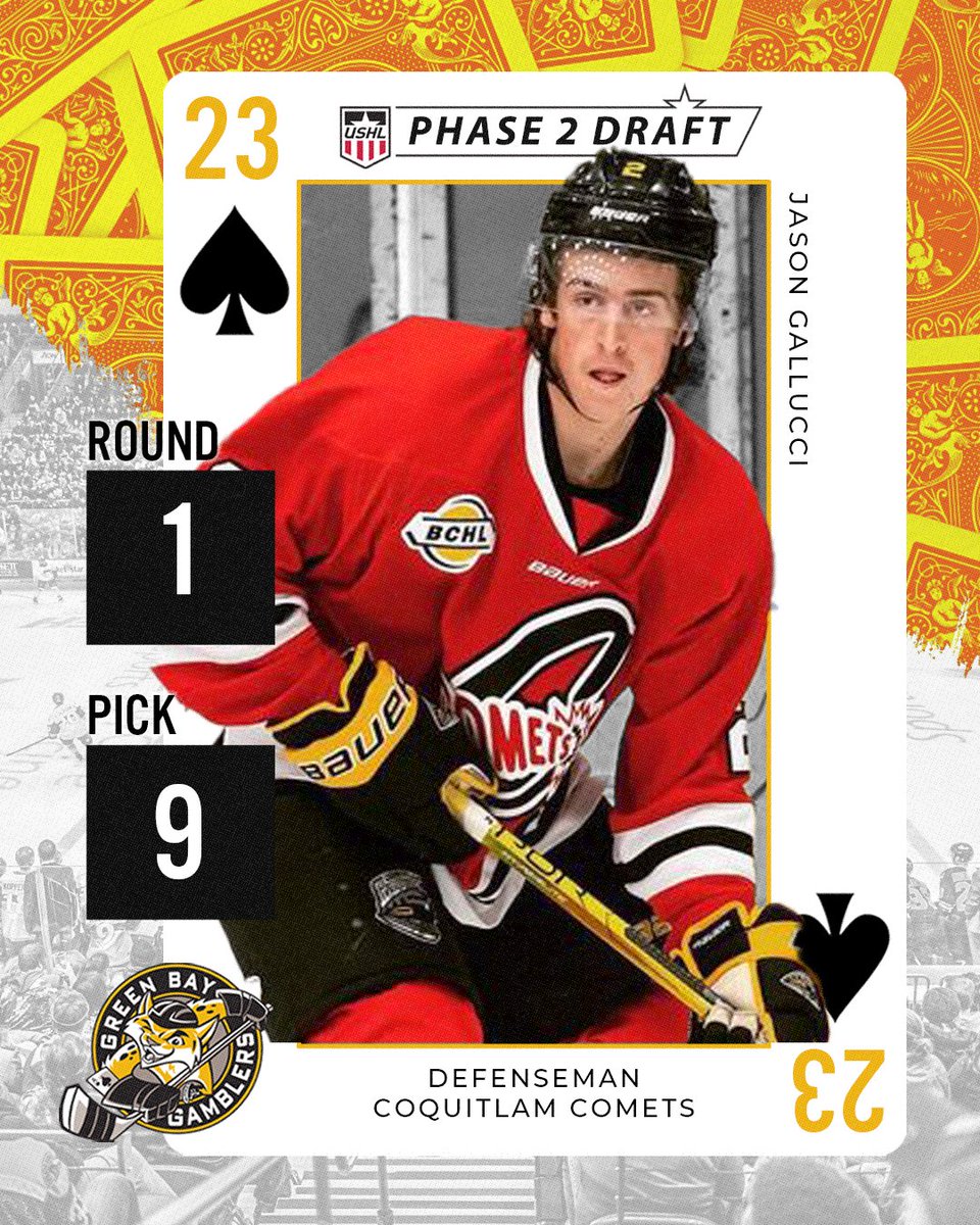 With the 9th pick overall in the 1st Round of the 2023 Phase 2 <a href="/USHL/">USHL</a> Draft the Green Bay Gamblers Select Jason Gallucci, Defenseman, Coquitlam Comets #GoGamblers