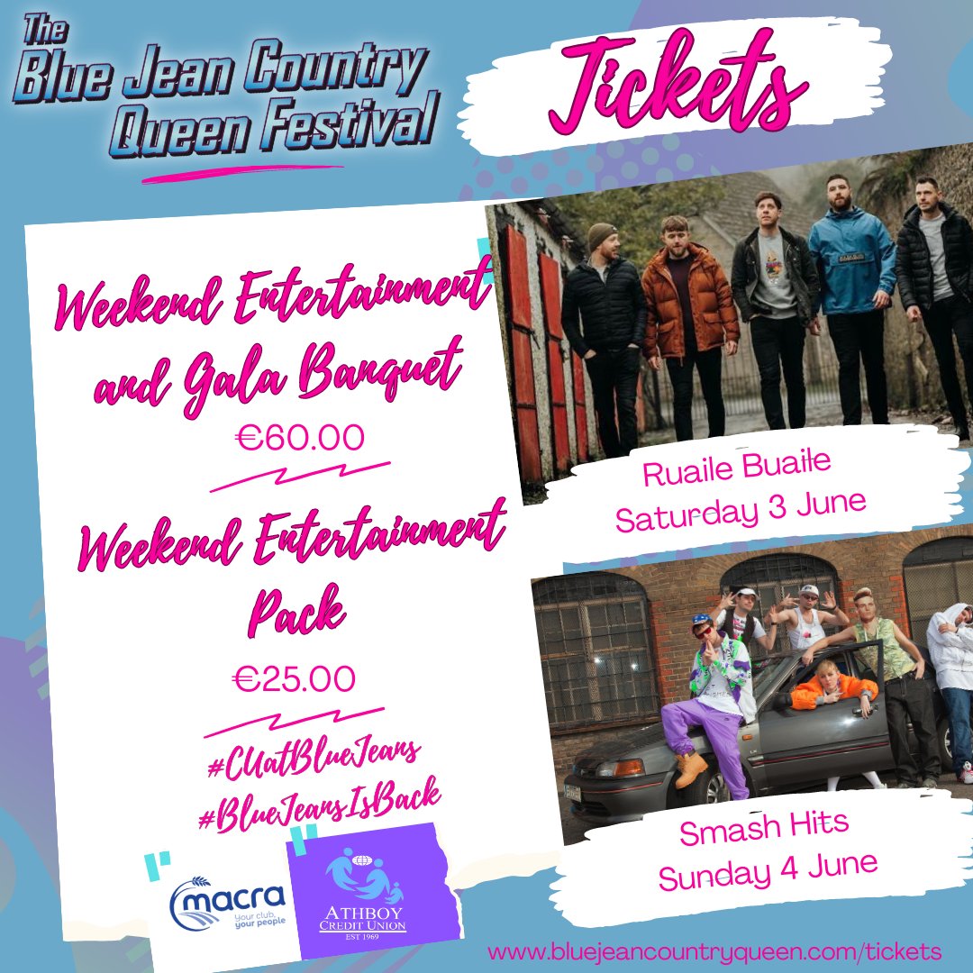 BlueJeanFest's tweet image. Heading to Athboy this June Bank Holiday weekend? Get your tickets sorted for the Blue Jean Country Queen Festival #CUatBlueJeans  bluejeancountryqueen.com/tickets/
