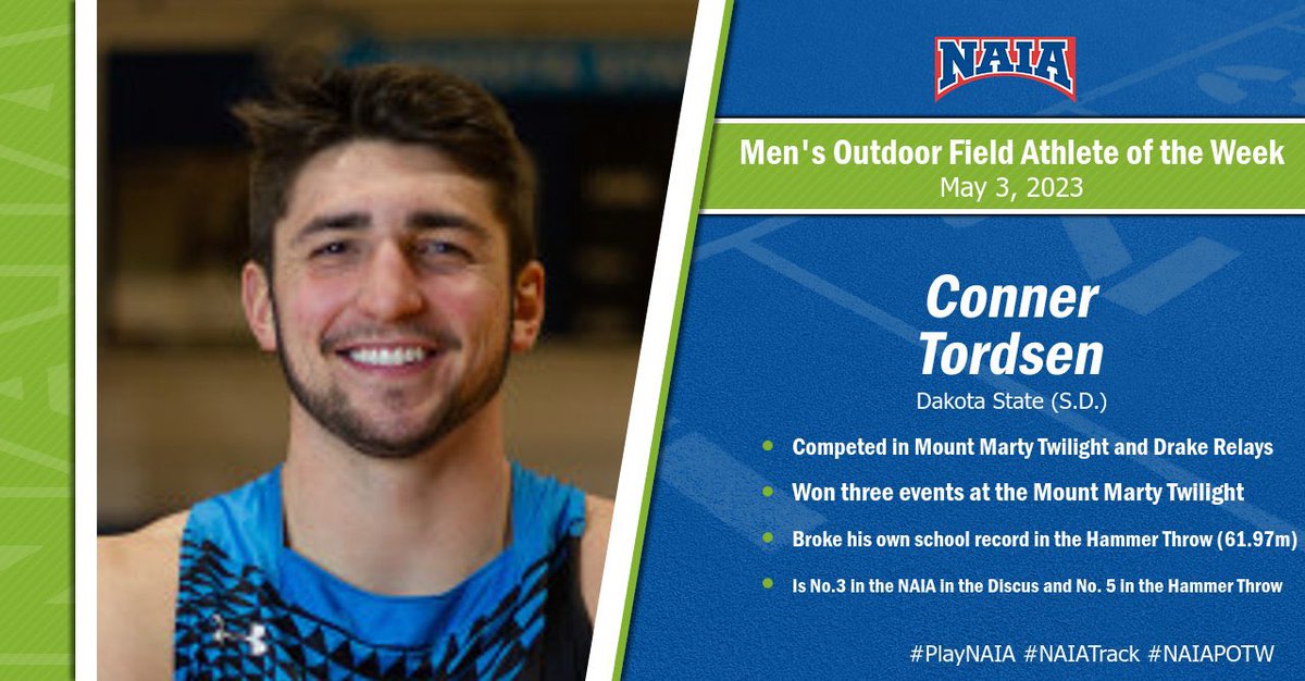 Conner Tordsen is this week's Men's Track Field Athlete #NAIAPOTW after winning three events and breaking his own Hammer Throw record last week.

Read More - bit.ly/3VqCj5j 

#PlayNAIA #NAIATrack #collegetrack