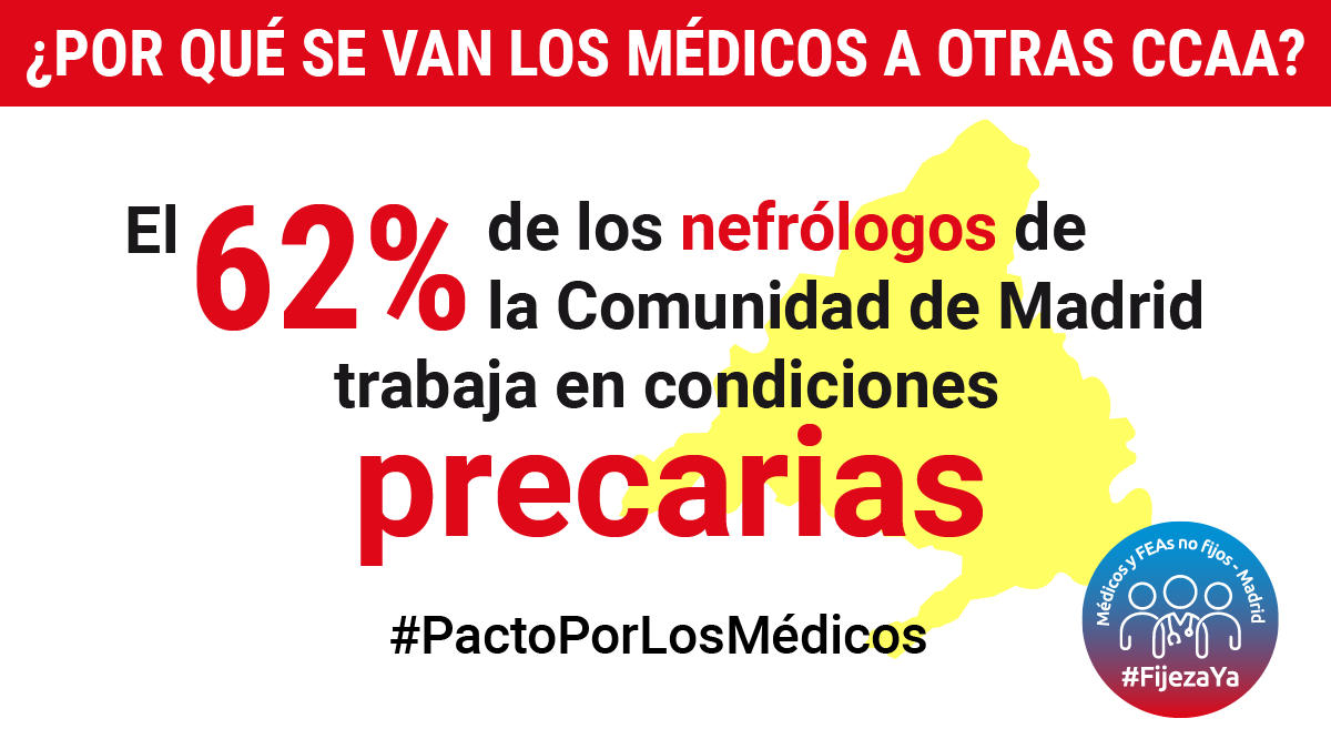 MedicosComoTu's tweet photo. ¿Por qué se está quedando la Comunidad de Madrid sin nefrólogos?

Porque @IdiazAyuso se niega a hacer un contrato fijo al 62% de ellos. https://t.co/Ew42ti25Y5