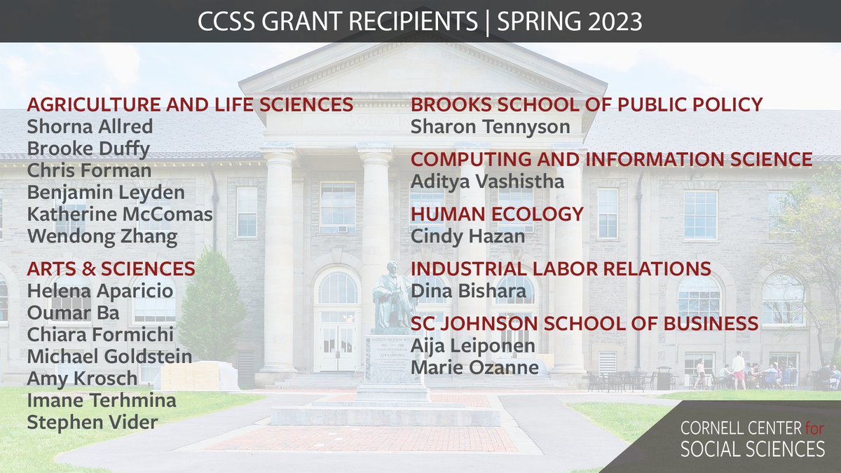 19 grants have been awarded by @CornellCCSS to faculty from the following #Cornell colleges & schools: @CornellCALS, @CornellCAS, @CornellBPP, @CornellCIS, @CornellCHE, @cornellilr, and @CornellMBA. Learn more: news.cornell.edu/stories/2023/0…