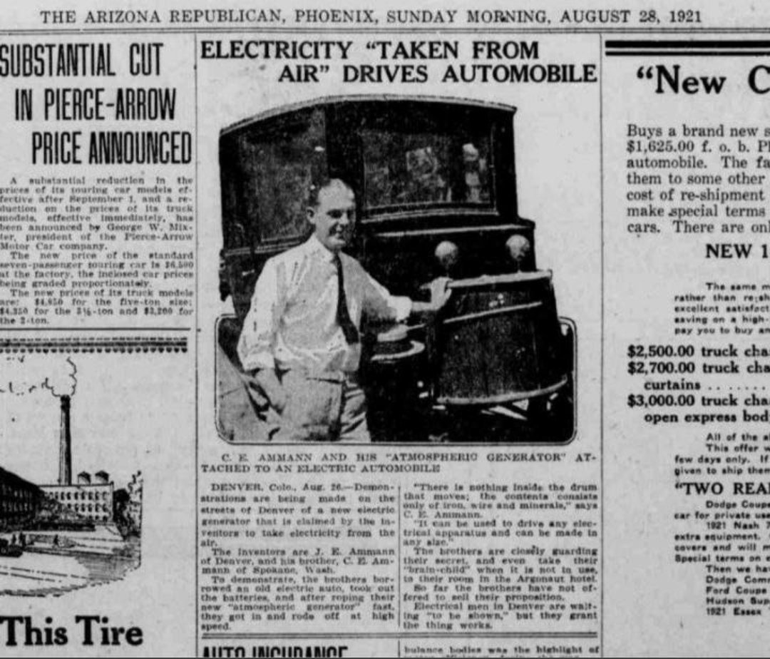 HSYNYILMAZ09's tweet photo. Nicola Tesla  
İcatları Neden Araştırılmaz  
Bakın Bir Tanesi Geçmişte Gazetede Manşet Olmuş  "Havadan Alınan"  Elektrik ile Araba Sürülebiliyor 
Bu Nikola Tesla'nın Şimdi Telefon Şarj Ettiğimiz  Kablosuz Şarj Benzeri 
elektrikle çalışan 1921 Pierce-Arrow elektrikli arabası https://t.co/7t025QDysK